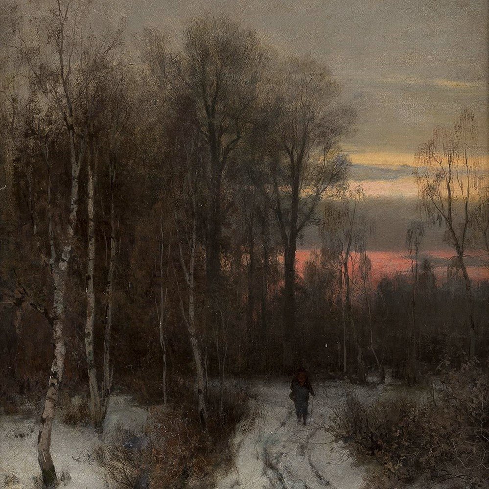 pogildov's tweet photo. hikers in the winter birch forest in the evening by sophus jacobsen https://t.co/3ZgRpuQ8oF