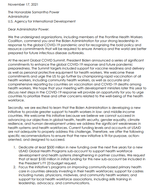 FHWCoalition's tweet photo. In joint 📨, we 👏 @PowerUSAID & Biden Administration for their leadership in global #COVID19 response & ask them to also champion:
💉rapid vaccination of all #HealthWorkers
📊 reporting on 👩🏾⚕️ vaccination
💰 new 💲 for new White House initiative
Share: https://t.co/ZaVSSL3iId https://t.co/cRt4OHpbeV