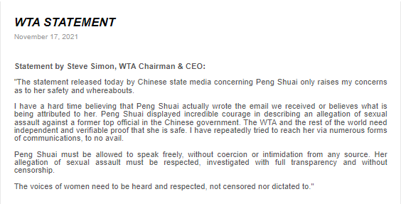BenRothenberg's tweet photo. New: WTA CEO Steve Simon reacts to this statement released by Chinese state media, saying it "only raises my concerns as to her safety and whereabouts."

"I have a hard time believing that Peng Shuai actually wrote the email we received," Simon said. https://t.co/3GSjCzeV4h