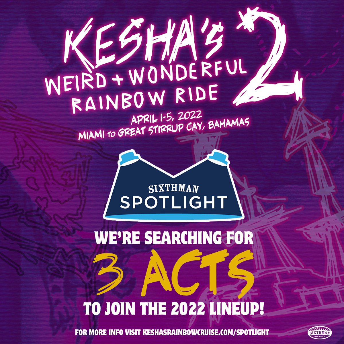 KeshaCruise's tweet photo. CALLING ALL DJs, BANDS, DRAG QUEENS, COMEDIANS, AND MAGICIANS! 

We're looking for 3 incredible acts to join us on the lineup for Kesha's Weird + Wonderful Rainbow Ride 2, April 1-5, 2022! Visit https://t.co/lrlx1MhmRv and enter before the November 29th deadline! https://t.co/e2agiAQ6mt