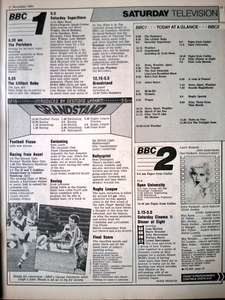 woodg31's tweet photo. TV📺17/11/84 BBC1
9.0:Saturday Superstore 12.15:Grandstand 5.5:News 5.20:The Tripods
5.45:Noel Edmonds Late Late Breakfast Show 6.40:Bob's Full House 7.10:Juliet Bravo 8.0:Hi-De-Hi! 8.30:Dynasty 9.20:Wogan 10.10:News 10.25:Match of the Day https://t.co/sbT8XRoxuI