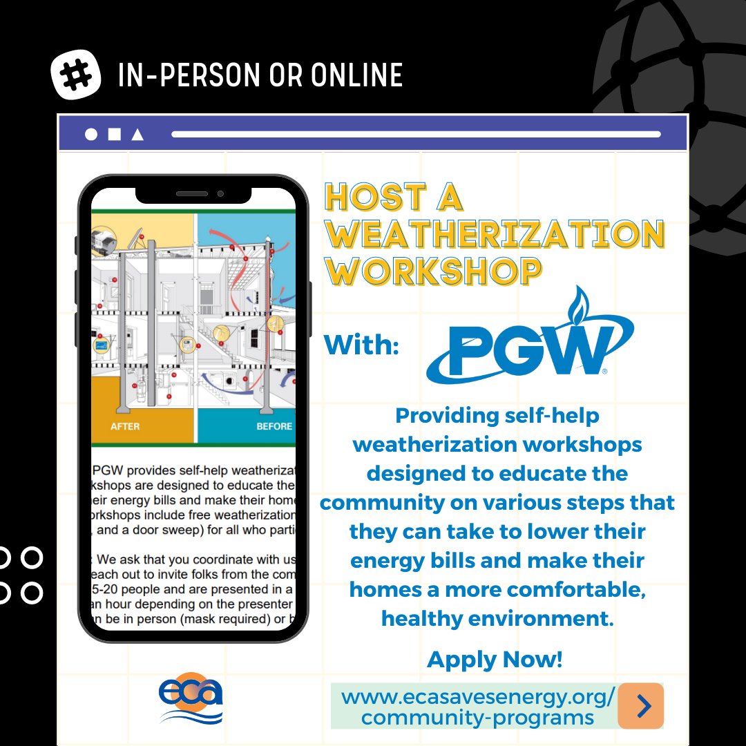 ECA (Energy Coordinating Agency) (@phillyenergy) on Twitter photo It's #WeatherizationWednesday! Interested in hosting a workshop? Coordinate with us and get the community involved! Schedule a workshop by going to ecasavesenergy.org/community-prog… or call (215) 609-1044 today! #energyefficiency #communityleadership It's #WeatherizationWednesday! Interested in hosting a workshop? Coordinate with us and get the community involved! Schedule a workshop by going to ecasavesenergy.org/community-prog… or call (215) 609-1044 today! #energyefficiency #communityleadership