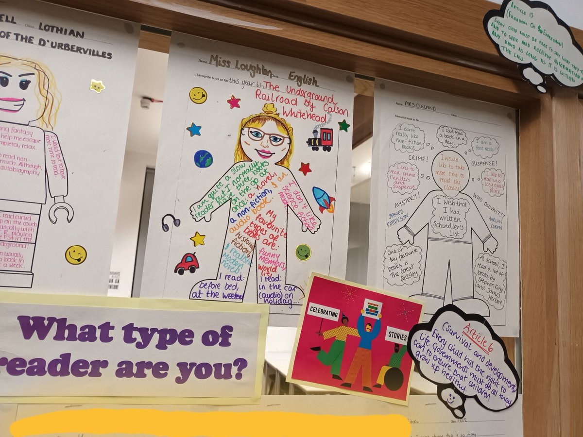 DrewettPamela's tweet photo. Inspired by @WilliamwoodLib S1, and staff, had fun exploring what type of reader they are. Some fantastic artists too it seems 👏. @marr_rrs added rights linking to the importance of access to books &amp; information. @UNICEF @BookWeekScot @MarrColOfficial @MarrEnglish @MarrLibrary https://t.co/33bsb2PcBF