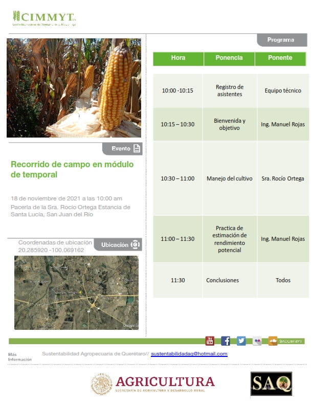 Si tu Maíz está próximo a salir y ya quieres saber cual será su rendimiento... no te puedes perder este Recorrido de campo que se realizará en la Estancia de Santa Lucia, San Juan del Río, pues aquí tendremos la oportunidad de realizar una práctica de Estimación de Rendimiento🤩