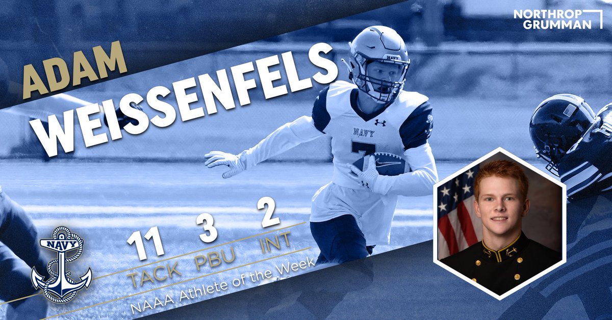 NavyAthletics's tweet photo. Congratulations to Adam Weissenfels of @NavySprintFB who was named the NAAA Athlete of the Week presented by Northrop Grumman.

📰: https://t.co/xT0Dk7o5Lv https://t.co/POu3OB51bn