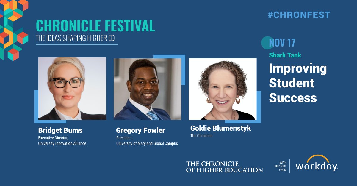 chronicle's tweet image. Hear the latest in #StudentSuccess at the #ChronFest shark tank, featuring @joshuadowens of @booststudents, Maria (Cari) Garriga of @ThomasMoreKY, and Alicia Sepulveda of @CUSystem.

Join us now! Register free at the link in our pinned tweet.