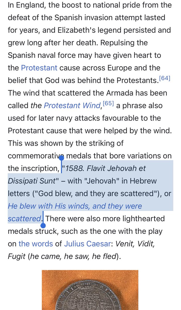In 1588 Yah sent a rare hurricane to stop the Catholic Spanish Armada from invading England

They gave glory to Yah &amp; minted coins with, “Flavit YHWH et Dissipati Sunt" (translation in pic)
🤔Seems like they knew they were Israelites &amp; 31 yrs later the Mayflower sailed to America