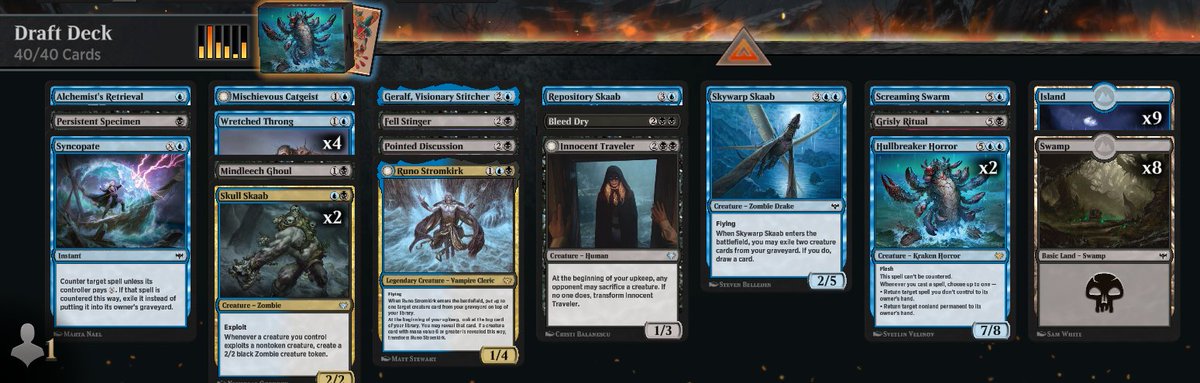 Alby_MTG's tweet photo. I understand that the free phantom draft event today on MTG Arena involved drafting against bots, but this is just silly. I apologize to the 3 humans I played against who had to suffer the consequences of the bots allowing this to happen. https://t.co/KB013dPosV
