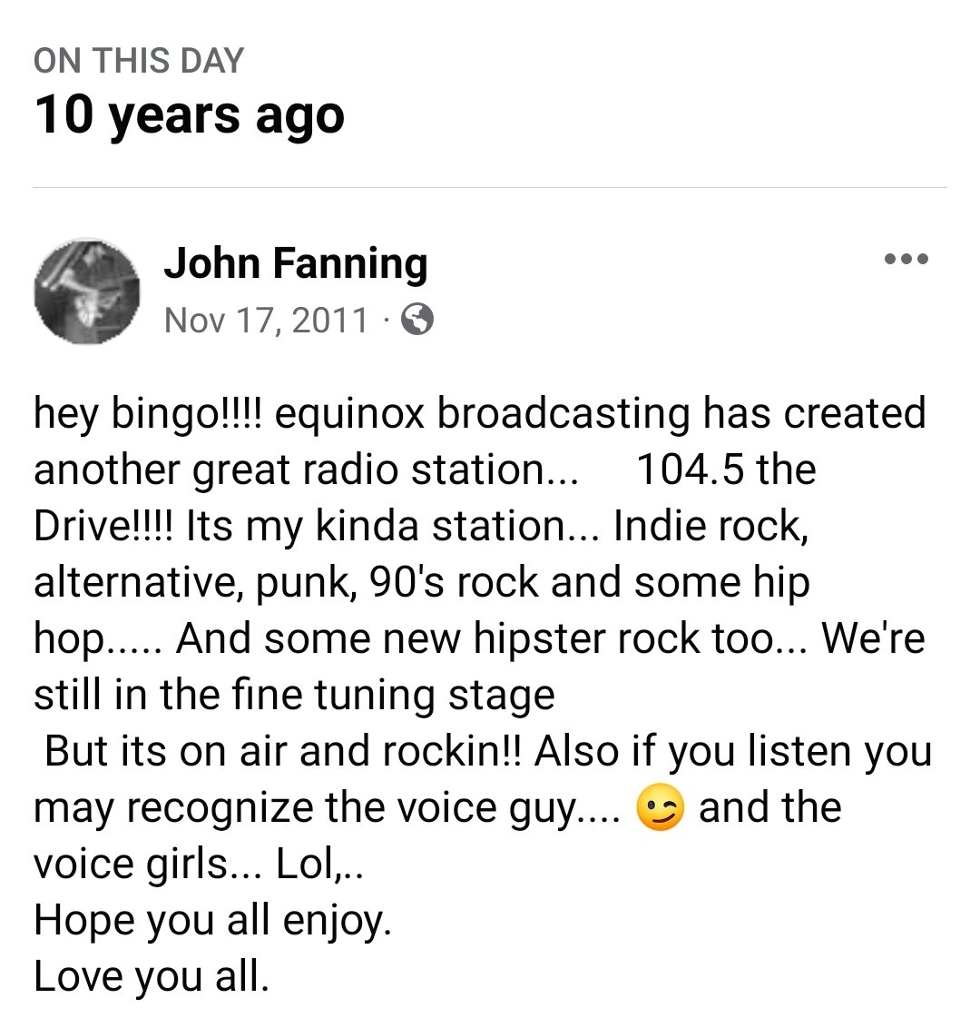 JohnFanning607's tweet photo. The most useful fb notification I've received in a long time. Happy 10th anniversary @BinghamtonDrive thank you 📻🎙❤ https://t.co/PCJluOrVth