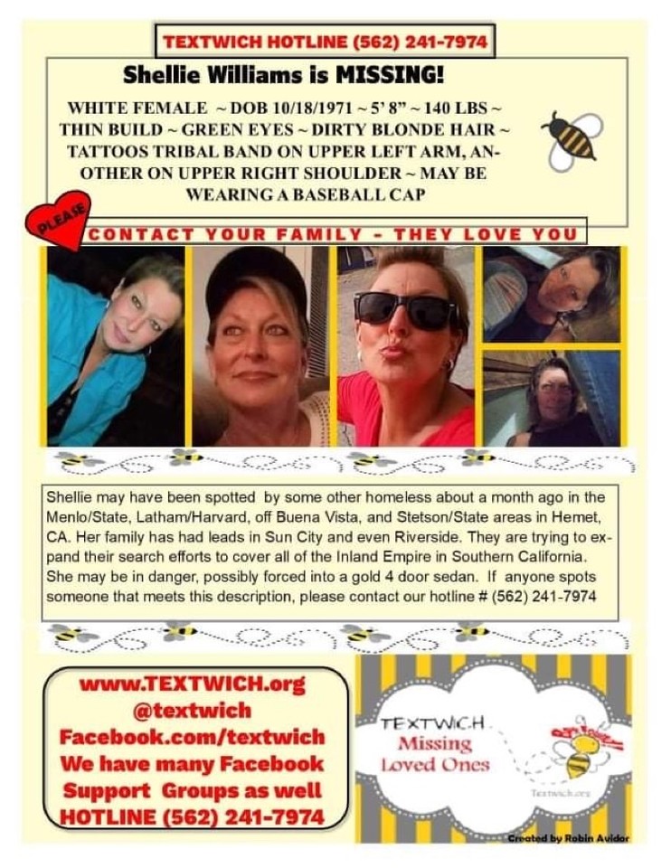 TextwichOrg's tweet photo. SHELLIE IS MISSING! Please share her flyer and let’s locate her 🐝 #textwich 🐝#missing 🐝 #homeless  🐝 #addicted 🐝 #textwichworks 🐝 #momswithsammiches 🐝 #lovethemwheretheyreat 🐝 #beefound 🐝 #beefed 🐝 #donate here https://t.co/fdpuPoWT1R https://t.co/N6r8SSM5yd