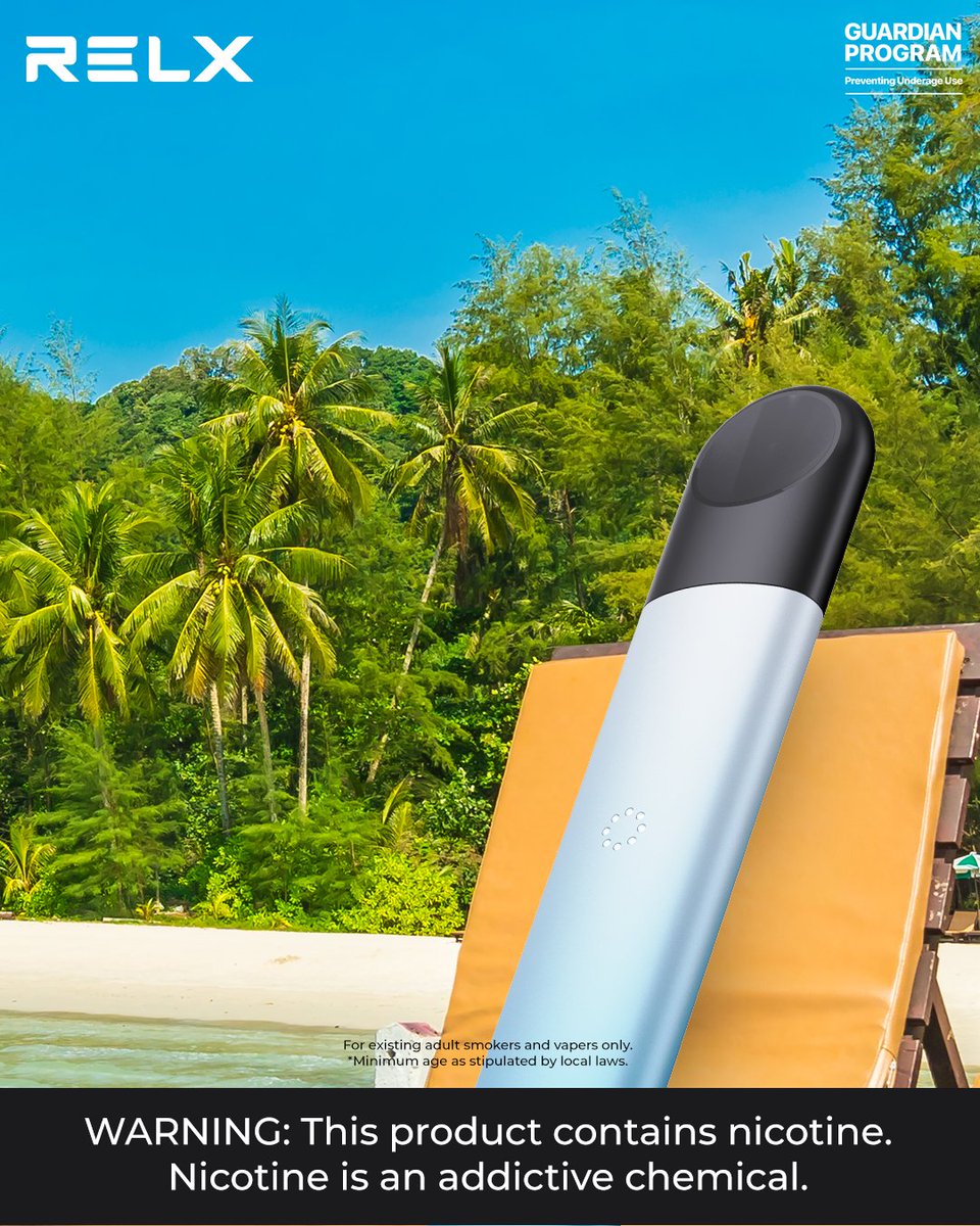 RELX_INTL's tweet photo. A reminder that it’s ok to live the day at your own pace and take time to #RelaxJustRELX 🏖🌴

[For adult smokers and vapers only]

#RELX #RELXInternational https://t.co/WfKv2pV5K2