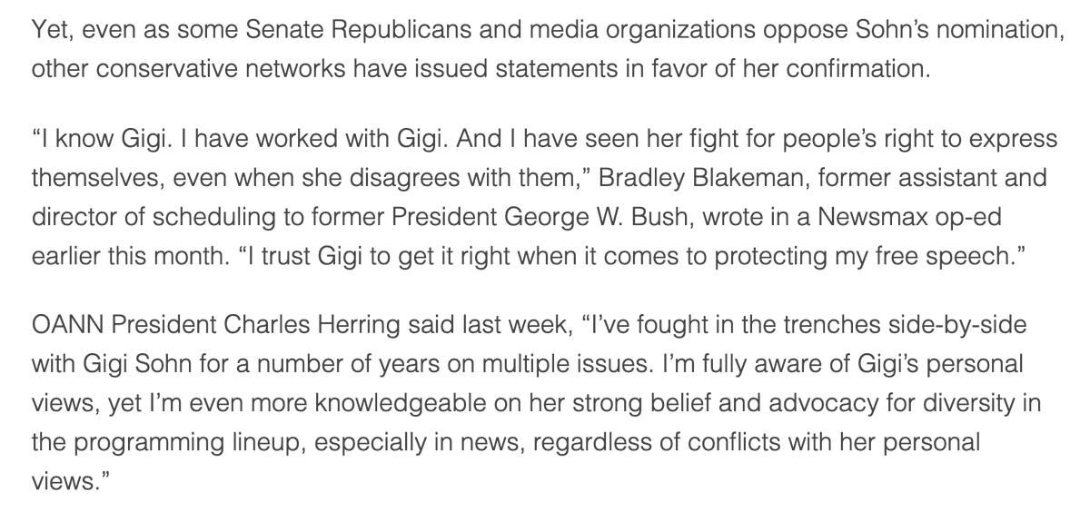 Biden FCC nominee Gigi Sohn has run into a hilarious divide: old-guard Republicans captured by telcos don't like her, but right-wing media companies like NewsMax and OANN are supporting her, because the telcos threaten them as well. <a href="/kellymakena/">Makena Kelly</a> reports: theverge.com/2021/11/17/227…