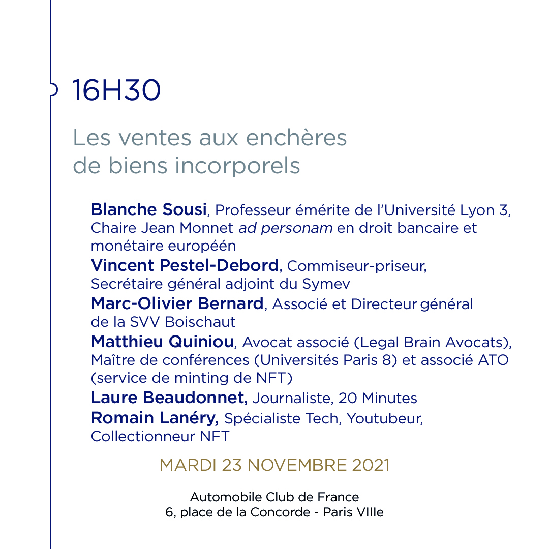 SYMEV1's tweet photo. 🕟  16h30 : Les ventes aux enchères de biens incorporels.
2ème grand thème abordé lors de la Convention Nationale des Commissaires-priseurs 2021. Découvrez les intervenants !

#ConventionNationaledesCommissairesPriseurs #CNCP21 #commissairespriseurs #marchedelart #auction https://t.co/XaynMeEjn5