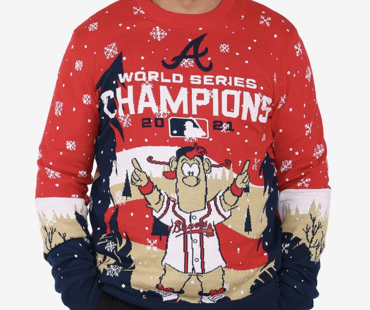 ByJasonFoster's tweet photo. As ugly Christmas sweaters go, this @BlooperBraves one is beautifully ugly. From @FOCOusa: https://t.co/y2o5gVu14Z https://t.co/6wvkSjnrB4
