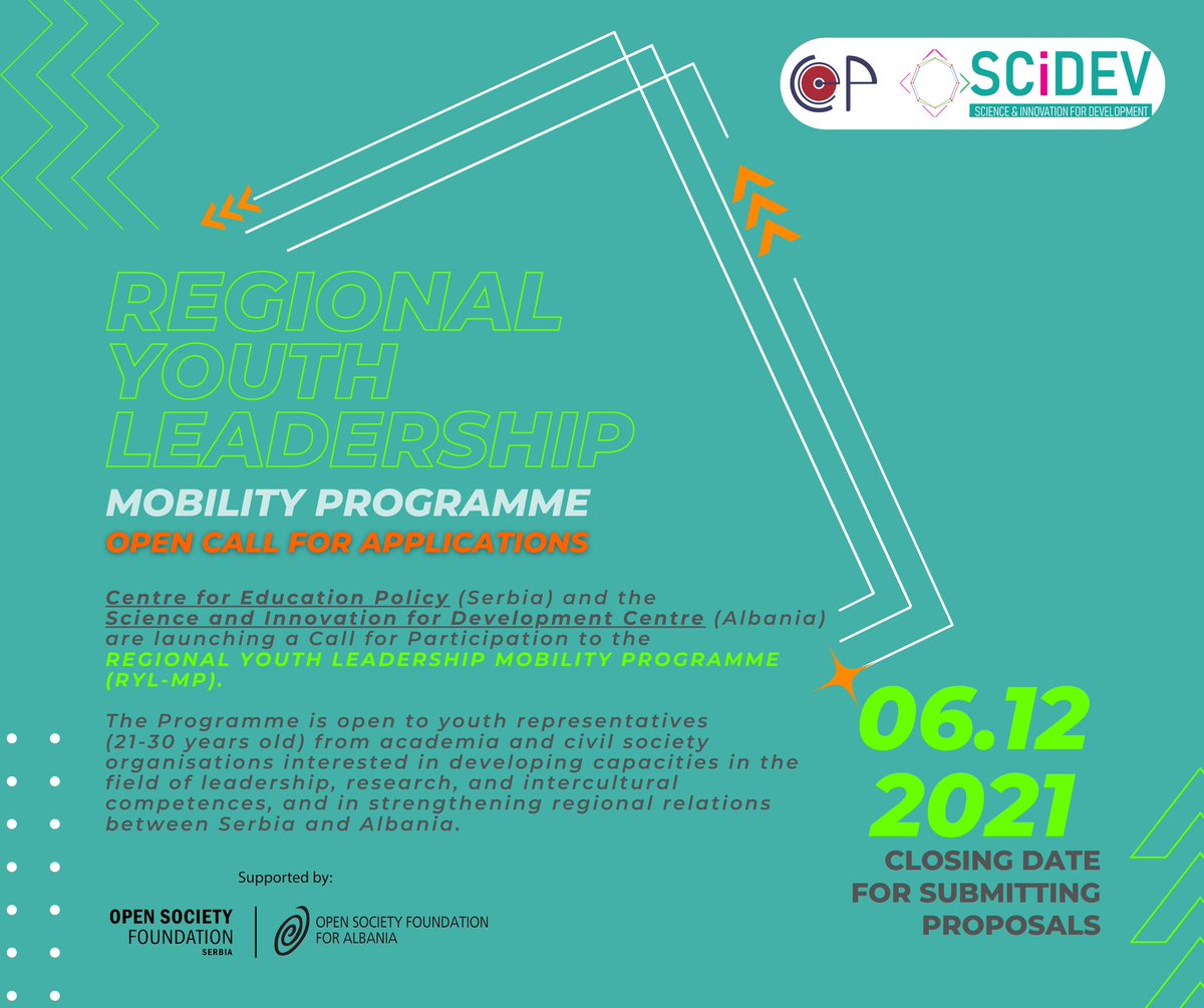 1/2 Together with the #CentreforEducationPolicy in Serbia we are launching a #CallforParticipation in the framework of the Regional Youth Leadership Mobility Programme (#RYLMP). 

#RYLMP is supported by @OSFAlbania and @OsfSerbia 

Read here more: bit.ly/3oFh2oq
