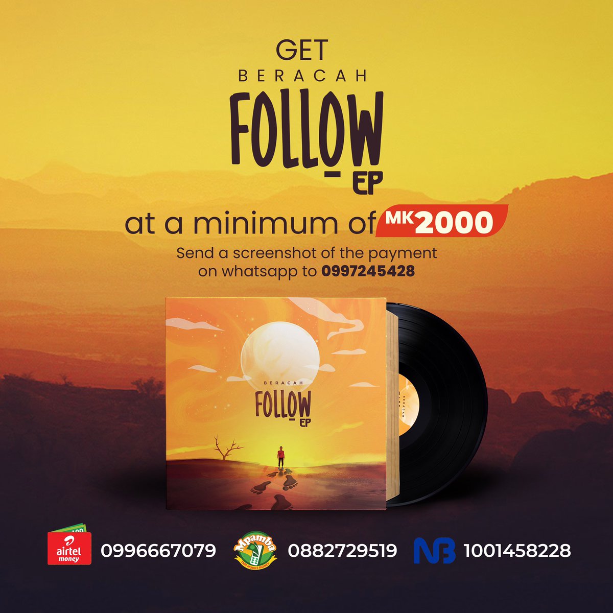 BeracahMw's tweet photo. PRICE DROP
You can now buy the #FollowEP at as little as MK2,000!!
You can do so by following the instructions on the poster.
Thank you to everyone who has bought and streamed the project. Can’t wait to see you at a gig this festive. 🙌🏿. https://t.co/mpeDjUnVL2