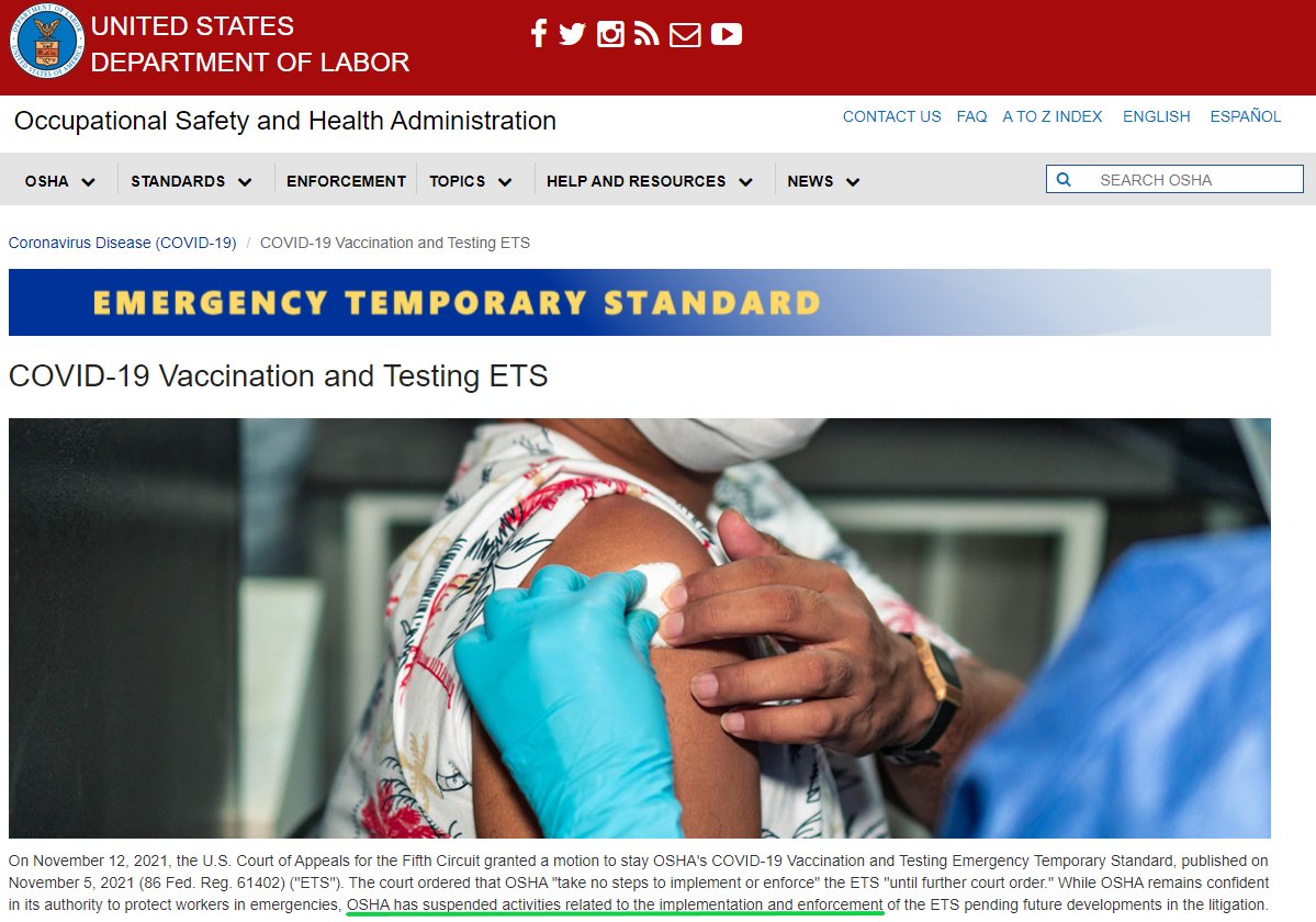 ElectionWiz's tweet image. #BREAKING: OSHA announces it will comply with the 5th Circuit's court order. The agency says it has suspended implementation and enforcement of its vaccine mandate.