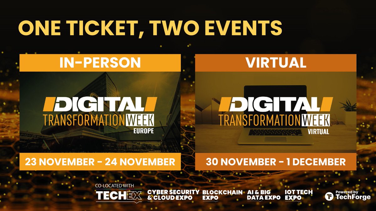 DigitalTWeek's tweet photo. Did you know Digital Transformation Week Europe is a #hybridevent? Your ticket will not only give you access to the event happening in Amsterdam on 23-24 November, but also to the virtual edition which will take place 30 November-1 December! Interested? πhttps://t.co/sT06QtonOY https://t.co/IYBKpjeBw8