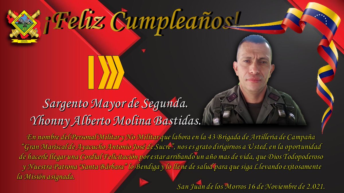 brigada_43's tweet photo. #16NOV21 El día de hoy, esta Unidad Superior se llena de regocijo, a estar arribando un año mas de vida, uno de los integrantes de nuestra Familia Artillera. Feliz Cumpleaños. #SistemaElectoralEsGarantía #ZODIGuáricoEnBatalla #Somos43BAC https://t.co/eGZ5df65sS
