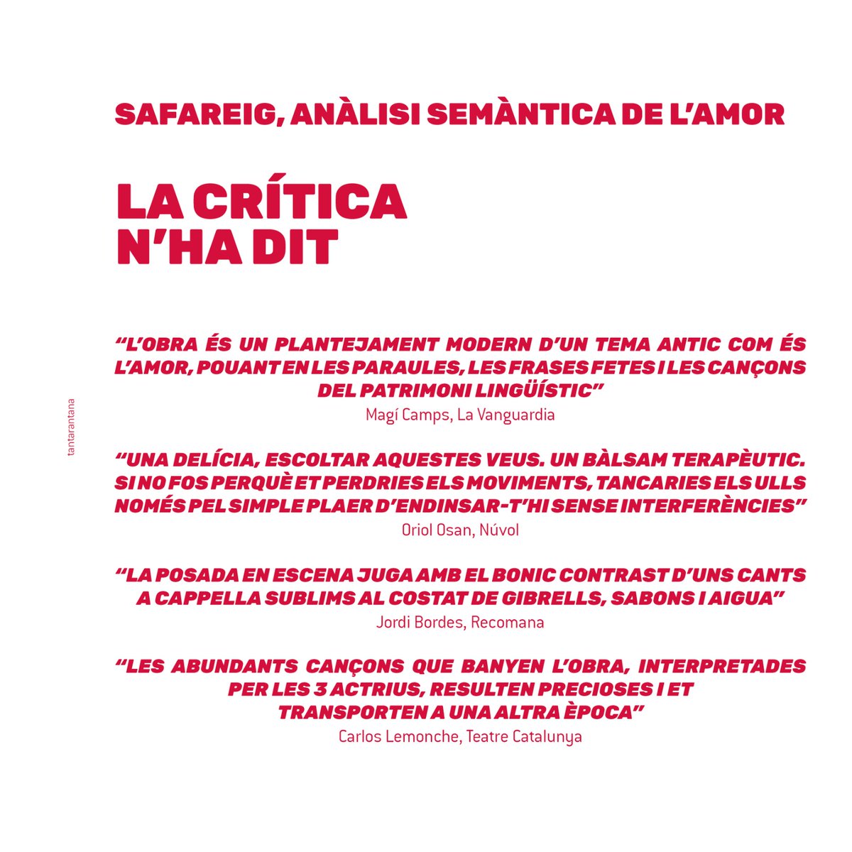 elTantarantana's tweet photo. Dues realitats distants, sis personatges i tres actius, cançons populars i filosofia lingüística per entendre que hem d’entendre diferent.

🧼SAFAREIG, ANÀLISI SEMÀNTICA DE L'AMOR de @comunllum_ 
📆 Fins el 21 de novembre
🎟 Entrades a partir de 12€: https://t.co/lZr73ejmGY https://t.co/elZkyU3UiG