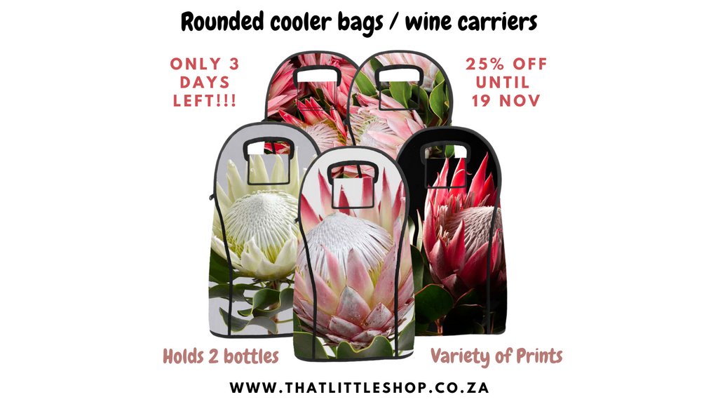 Only 3 days left!! 25% until 19 Nov. 

Get your Rounded #CoolerBags / #WineCarriers in our online store now!

They hold 2 bottles &amp; there is a variety of prints.

#thatlittleshop #decor #homeware #gifts #winecooler #winecoolerbag #christmasgift #madeinsouthafrica #shoplocalsa