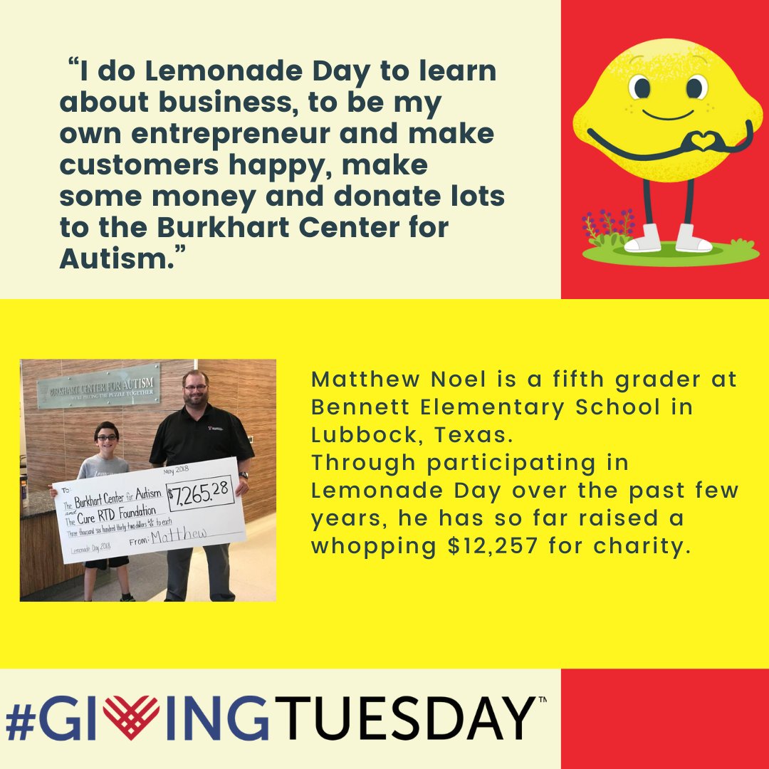 LemonadeDay's tweet photo. The "Share Some" part of our Lemonade Day program encourages kids to share a portion of their profit with an organization they care about. We're blown away by the generosity of young entrepreneurs like Matthew! 🍋❤️ How will you give this #GivingTuesday? 
#November30 #LemonadeDay https://t.co/YLaj3bHl48