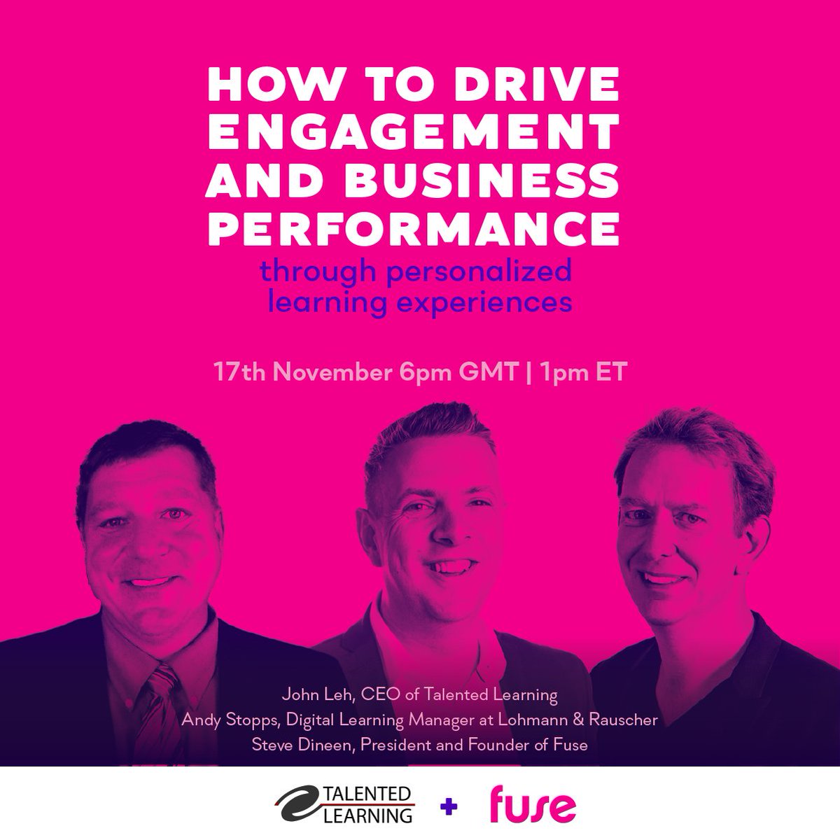 Fuseuniversal's tweet photo. Still time to sign up for our webinar starting at 6pm GMT / 1pm ET today! 

Join our Founder @stevedineen, @TalentedLearning's @JohnLeh &amp; Andy Stopps from Lohmann &amp; Rauscher, as they discuss the power of #personalised #learningexperiences. 💡

Sign up 👉: https://t.co/j0zJznfqnw https://t.co/fGo4iyyvyo