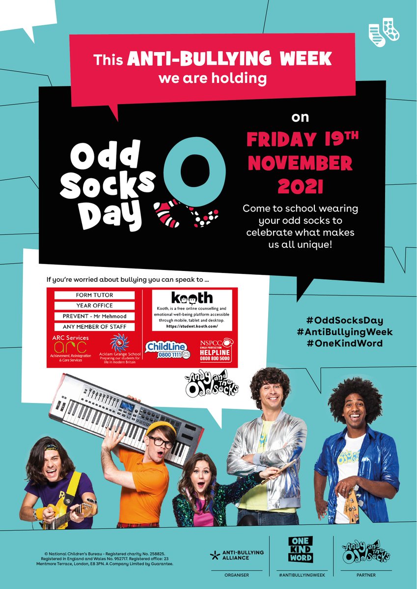 AcklamGrange's tweet photo. We're taking part in #OddSocksDay on Friday 19th November to raise awareness for #AntiBullyingWeek 🧦

Staff and students can come to school wearing odd socks to celebrate what makes us all unique ✨ https://t.co/rv01i46lx9