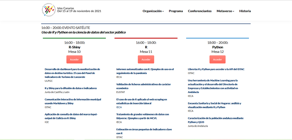 Continúan las XXI Jornadas de Estadística de las Comunidades Autónomas, #JECAS 2021, y ya está en marcha el Evento Satélite "Uso de R y Python en la ciencia de datos del sector público", organizado por el <a href="/istac_es/">Istac🇮🇨</a> con la colaboración de <a href="/pythoncanarias/">Python Canarias</a> y <a href="/canarias_r/">Comunidad R en Canarias</a>.