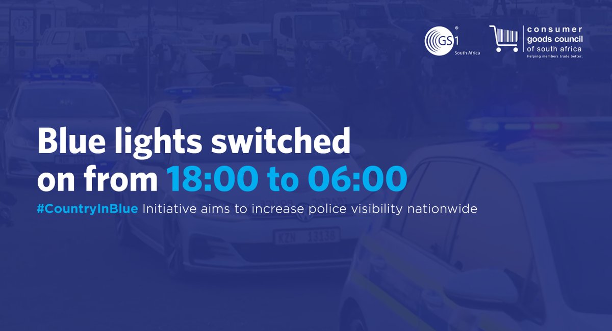 CGCSA1's tweet photo. The #CountryInBlue Initiative aims to increase police visibility nationwide. From sunset to sunrise all #SAPS vehicles fitted with blue lights across the country will now be driven with the blue lights switched on from 18:00 to 06:00 in order to increase #PoliceVisibility. https://t.co/8CHuMLpROY