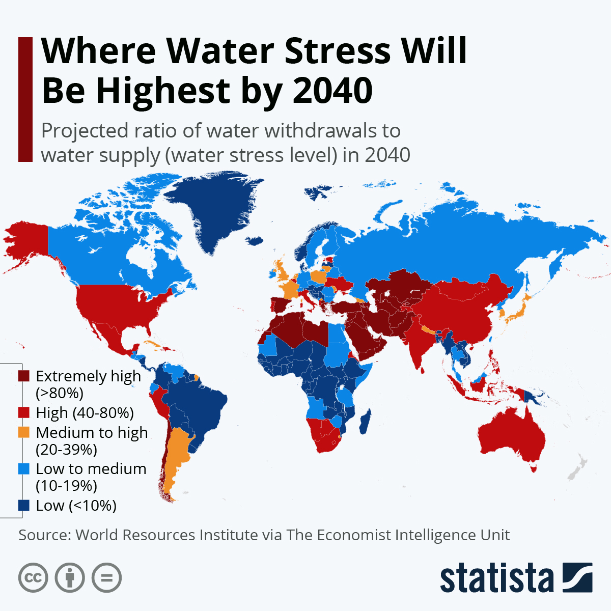 This #map shows the global projected ratio of water withdrawals to water supply (water stress level) in 2040.
Source: