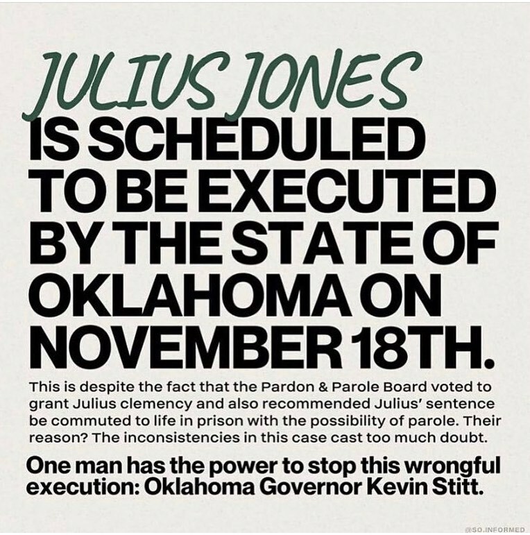 repost from @breatheofficialpage 

We need all hands on deck as time passes and an innocent man is scheduled for murder by the state of Oklahoma Thursday, please swipe through and call the governors office. follow @justiceforjulius for more information.
… instagr.am/p/CWYcAO7Fa1h/
