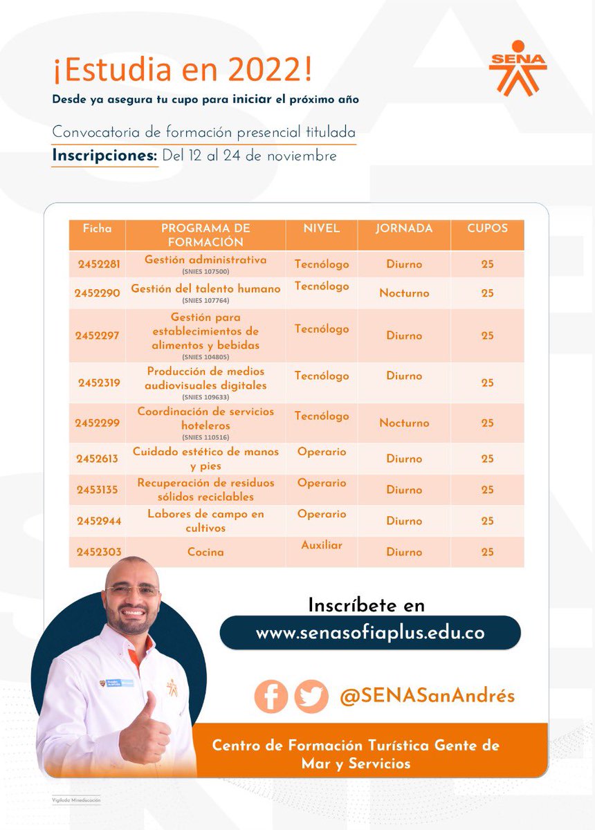 🔝📚| Proyectando el 2022? ¡El <a href="/SENASanAndres/">SENA Regional San Andrés</a> tiene una gran oportunidad para ti! Aprovecha uno de los 225 cupos que se encuentran disponibles para iniciar a estudiar en enero. Inscríbete hasta el 24 de noviembre senasofiaplus.edu.co 👉#EstudiaEnElSENA