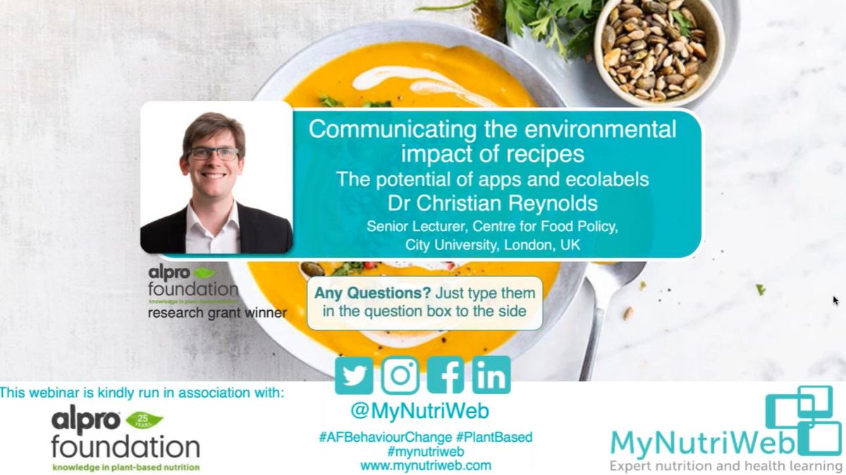MyNutriWeb's tweet photo. Our next talk is with Dr Christian Reynolds
Communicating the environmental impact of recipes๐ฅ ๐ฒ ๐
#AFBehaviourChange #MyNutriWeb #PlantBased https://t.co/LPGKKQPKJ9