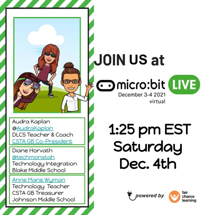 AudraKaplan's tweet photo. It's not too late to join us. https://t.co/yozm8EJwFn…. @csteachersorg @csteachersgb @microbit_edu #LetsGo @KatieHenryDays @AmandaJeane2 @CSforMA #CSforALL #CSEdChat Register: https://t.co/YI4U9x8iVZ Learn more: https://t.co/WhoD24TPSb @mres @microblocksfun https://t.co/AQZaKSbveX