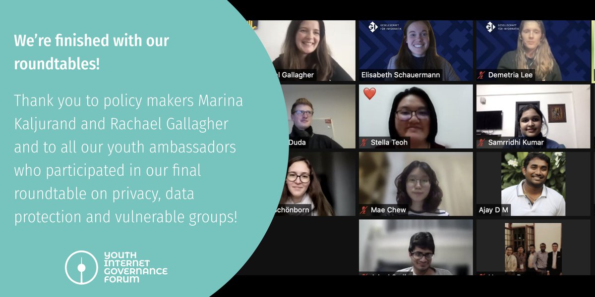 After first completing the workshop portion of the #YouthxPolicyMakers programme, our youth ambassadors attended 4 roundtables with policy makers, the last of which took place this week on privacy &amp; cybersecurity. We look forward to sharing at <a href="/igf_2021/">IGF2021</a>! t1p.de/k6s5