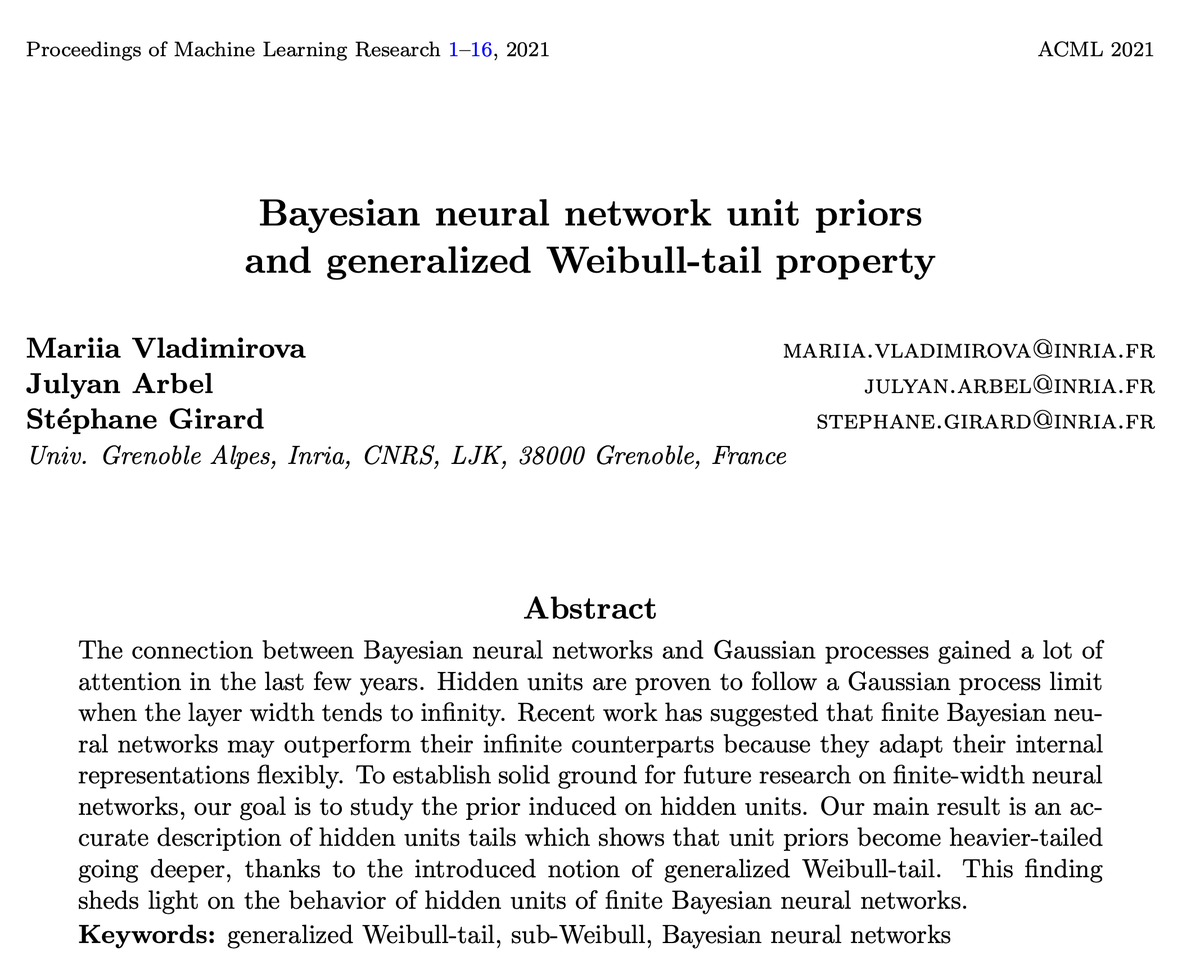 iamvladimirova's tweet photo. ✨Hello, Twitter world! Let's talk about our recent paper on precise tail descriptions of hidden units in Bayesian neural networks. Joint work with @JulyanArbel and Stéphane Girard

https://t.co/Npo93nUjZQ 

✨ACML 2021, Nov 18, 11am Paris time: https://t.co/yGFeveZd5u  

🧵👇1/8 https://t.co/3cRbVGOQXz