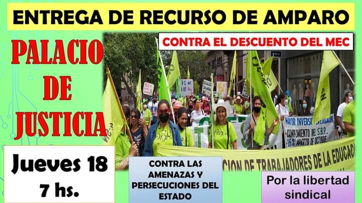 OtepSn's tweet photo. DOCENTES DE LA OTEP-SN PRESENTARÁN RECURSO DE AMPARO CONTRA DESCUENTOS del MEC. Será este JUEVES 18 de noviembre, a las 7 hs., en el Palacio de Justicia. #nuestrospasossiguenfirmes
#libertadsindicalderechohumanofundamental
#NOalosdescuentosdelMEC https://t.co/CdNTYU1YUi