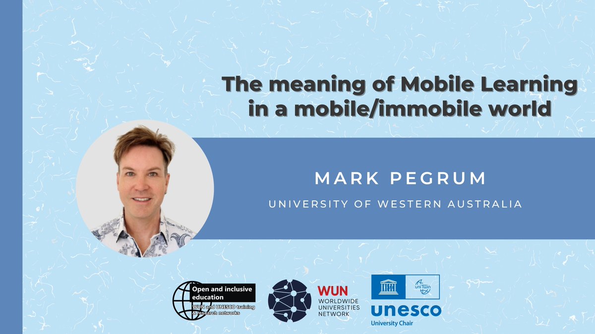 Thank you very much for attending <a href="/OzMark17/">Mark Pegrum</a> 's webinar 'The meaning of mobile learning in a mobile/ immobile world'. We share the link in case you want to watch it again: youtu.be/YVNMWDvBqpQ
@WUNetwork <a href="/Unesco/">UNESCO 🏛️ #Education #Sciences #Culture 🇺🇳</a> #OpenEd #InclusiveEducation #MobileLearning