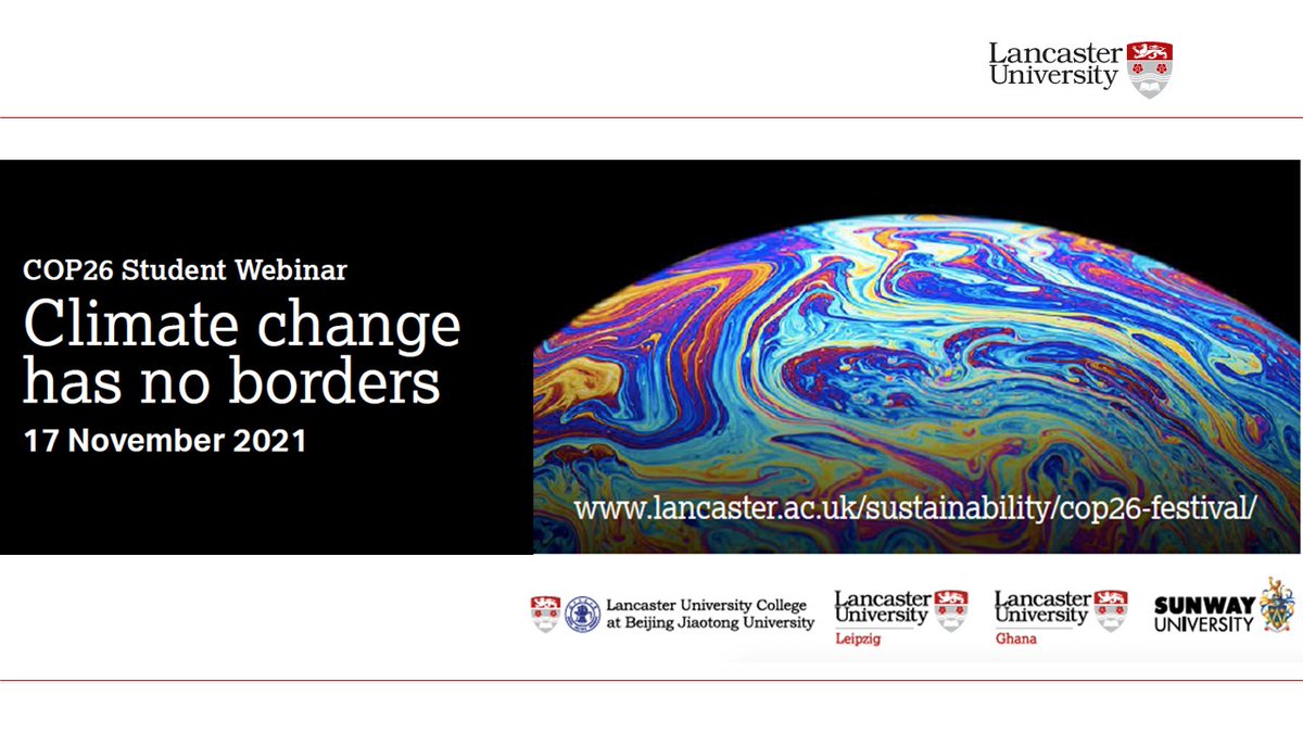 LancasterUni's tweet photo. 4 overseas campuses, 5 environmental themes and over 100 young global citizens🌍

We enjoyed hearing young voices from Germany, Malaysia, Ghana and China at today's COP26 Student Webinar, hosted by the Global Engagement team.

Explore our global campuses 👉https://t.co/vLtznEA4AC https://t.co/53vFJlZJyR