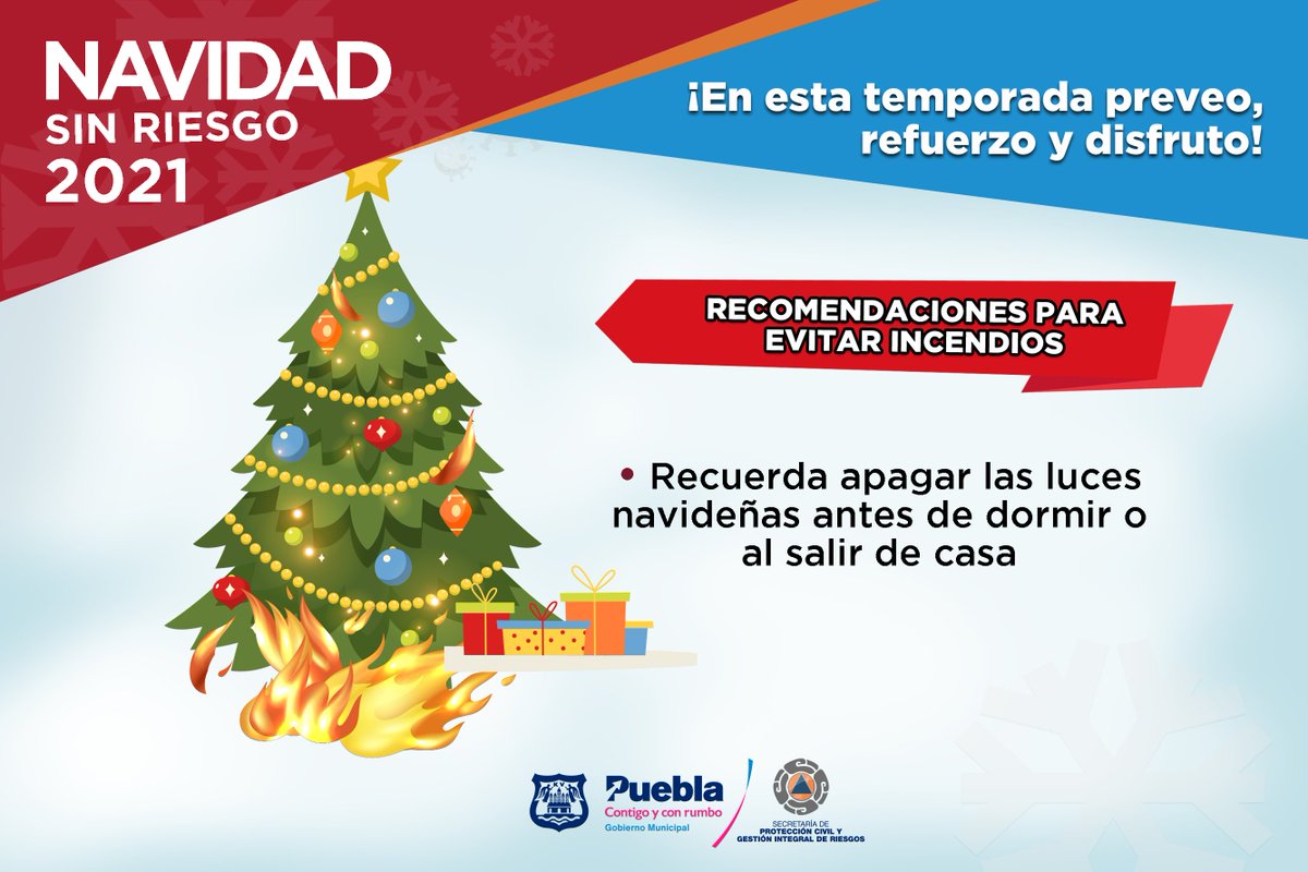 PCPueblaCapital's tweet image. Muchas familias poblanas ya se encuentran adornando sus casas con motivos navideños. Tomemos precauciones y tengamos una #NavidadSinRiesgo.

🎄Prefiere luces LED.
🎅Apaga luces y adornos al dormir o salir de casa.
🔌No satures conexiones y contactos.