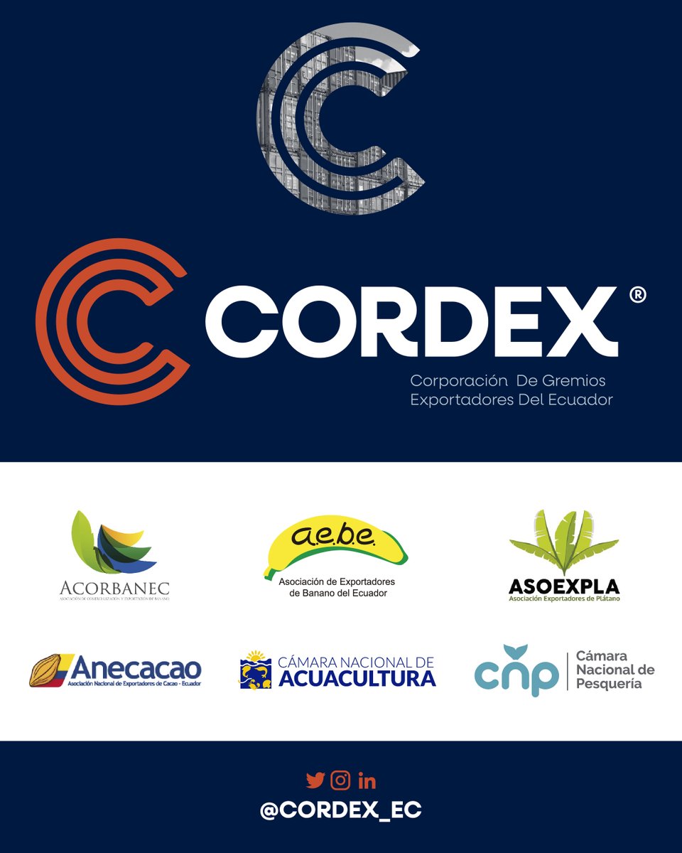 CORDEX_EC's tweet photo. #CORDEX Corporación de Gremios Exportadores del Ecuador, nueva organización creada el 11 de agosto pasado. Agrupa a los sectores: camarón, banano, pesca, cacao y plátano; representa el 70% de las ventas no petroleras, generando más de 10,000 millones de divisas el año pasado. https://t.co/HJJthqM68T