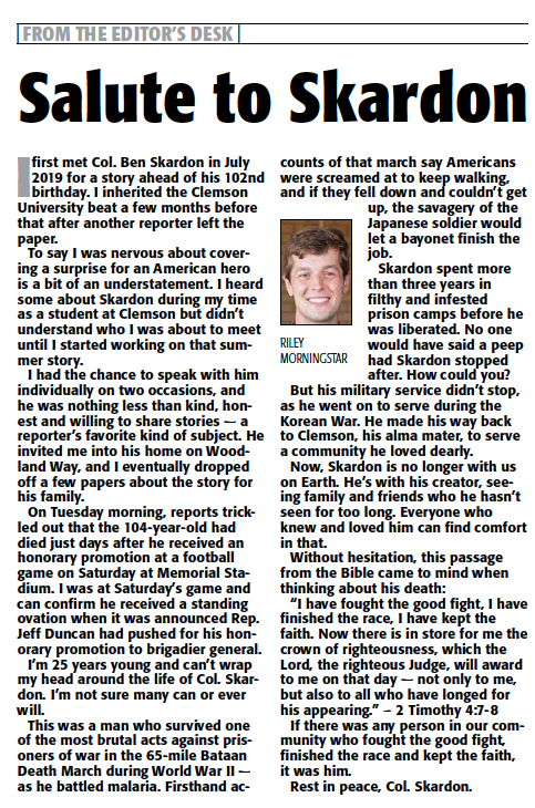 RBMorningstar's tweet photo. My column on the passing of Col. Skardon in today's paper: https://t.co/mhO1By5vsS