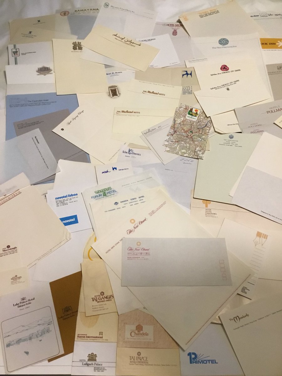 JilFairclough's tweet photo. Have found my collection of hotel stationery amassed as a child when parents friends and later my friends sent me packages of paper from all over the world. Still feels exotic - I feel a bookwork coming on… #bookness #papercollection https://t.co/GcaT9s6fgE