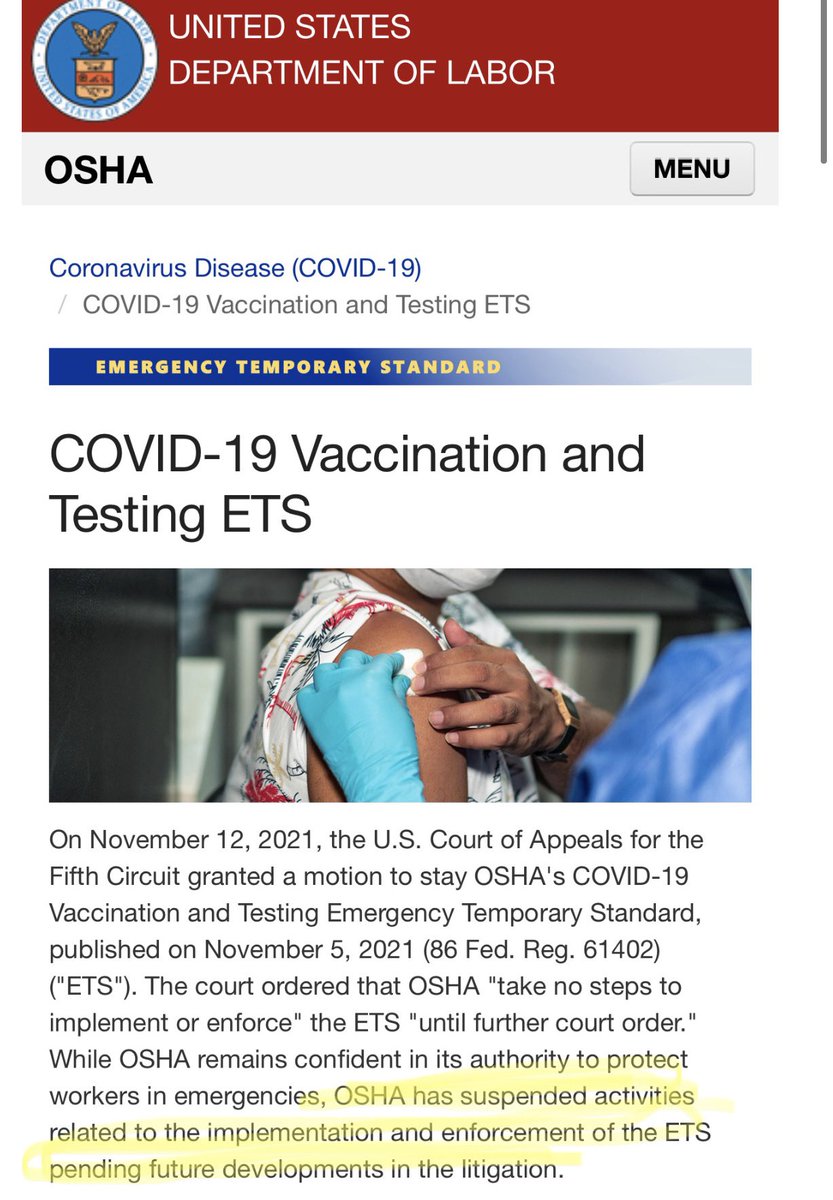 RepThomasMassie's tweet photo. Companies should cease implementation of Biden’s OSHA vaccine mandate, because OSHA itself has ceased.

OSHA website: “OSHA has suspended activities related to the implementation and enforcement of the Emergency Temporary Standard”

https://t.co/Hu1xBcwSoZ https://t.co/lcOfZ0BVs3