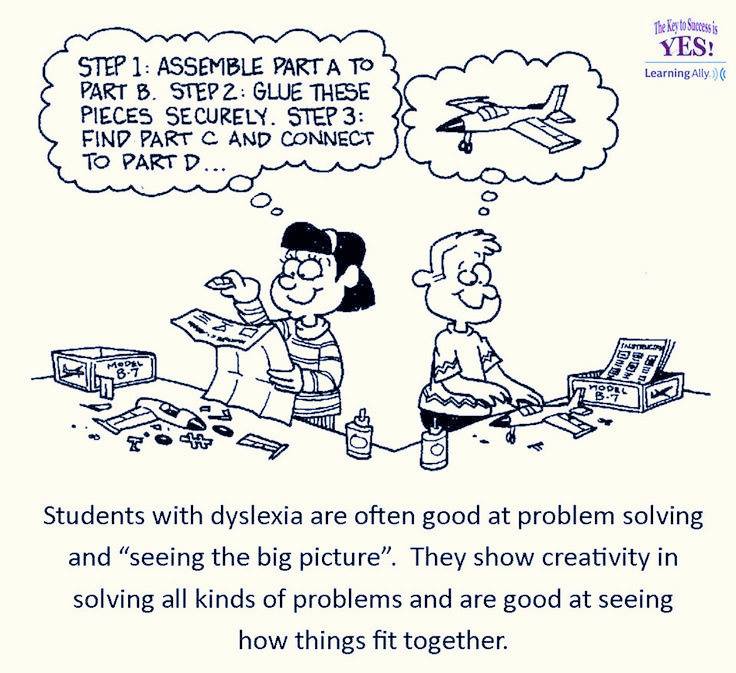 Kids and adults with dyslexia are often skilled at problem solving and seeing how things fit together! Thanks to Learning Ally for this graphic. #dyslexia #ADHD #dysgraphia