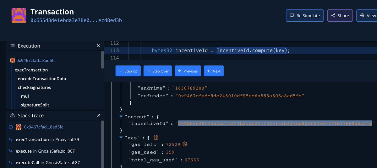anyaa004's tweet photo. In 3 steps, I was able to find the incentiveId that got computed in the @TenderlyApp transaction debugger. 

1. Find a tx with a call to create an incentive. 
2. Look up the tx on Tenderly.
3. Find the function call in the stack trace to view it in debugger. https://t.co/wOnSAFPFWE