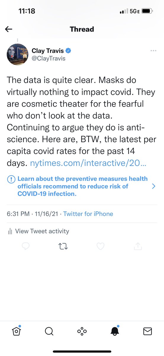 ClayTravis's tweet photo. Bow down before your tech overlords who will no longer allowed this Tweet to be shared and have locked comments. Although I do find it interesting that sharing a link to NYT covid data with my opinion on what the data shows isn’t possible to share. https://t.co/N3e0LrbVIu