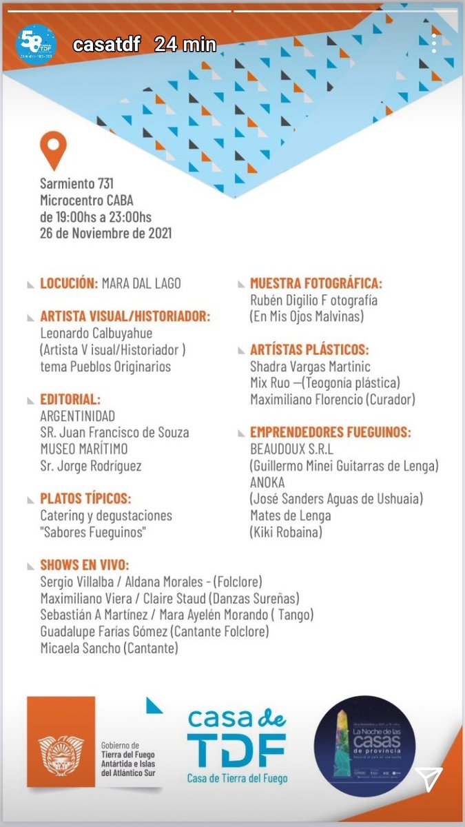 erosan2012's tweet photo. El viernes 26/11 en Sarmiento 731,  CABA, @CasaTDF los invitamos a la "Noche de las casas de provincia" dónde podrán apreciar a los artistas fueguinos, shows en vivo, emprendimientos, comidas típicas y todo lo relacionado a la provincia del fin del mundo.
Agradecemos difusión RT https://t.co/bBlQiGdHwT