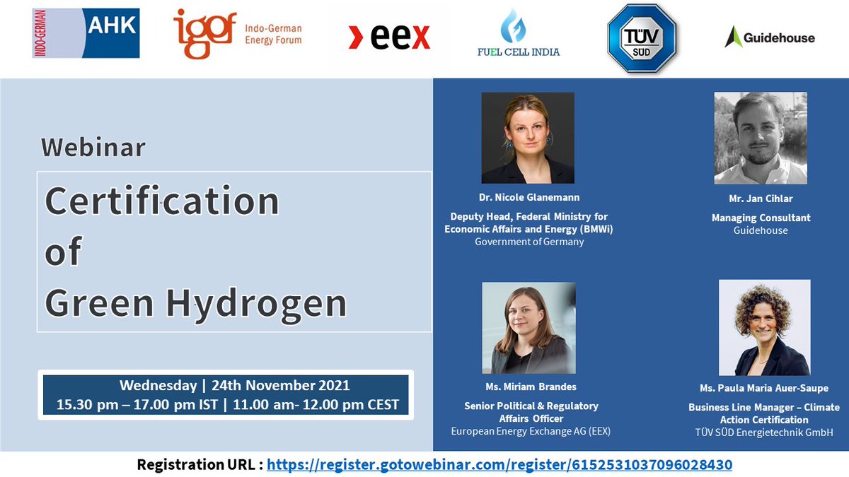 IGEFSO's tweet photo. Webinar on "Certification of #GreenHydrogen" on 24 November 2021 🙌 Register here: https://t.co/ycfYDAFhJ2 
Speakers from @BMWi_Bund @GuidehouseESI @eexgroup &amp; TÜV SÜD Energietechnik share their insights. 🌎 Jointly organized with @IGCC &amp; supported by @FCIndia_ #energytransition https://t.co/cpVHBdntx7